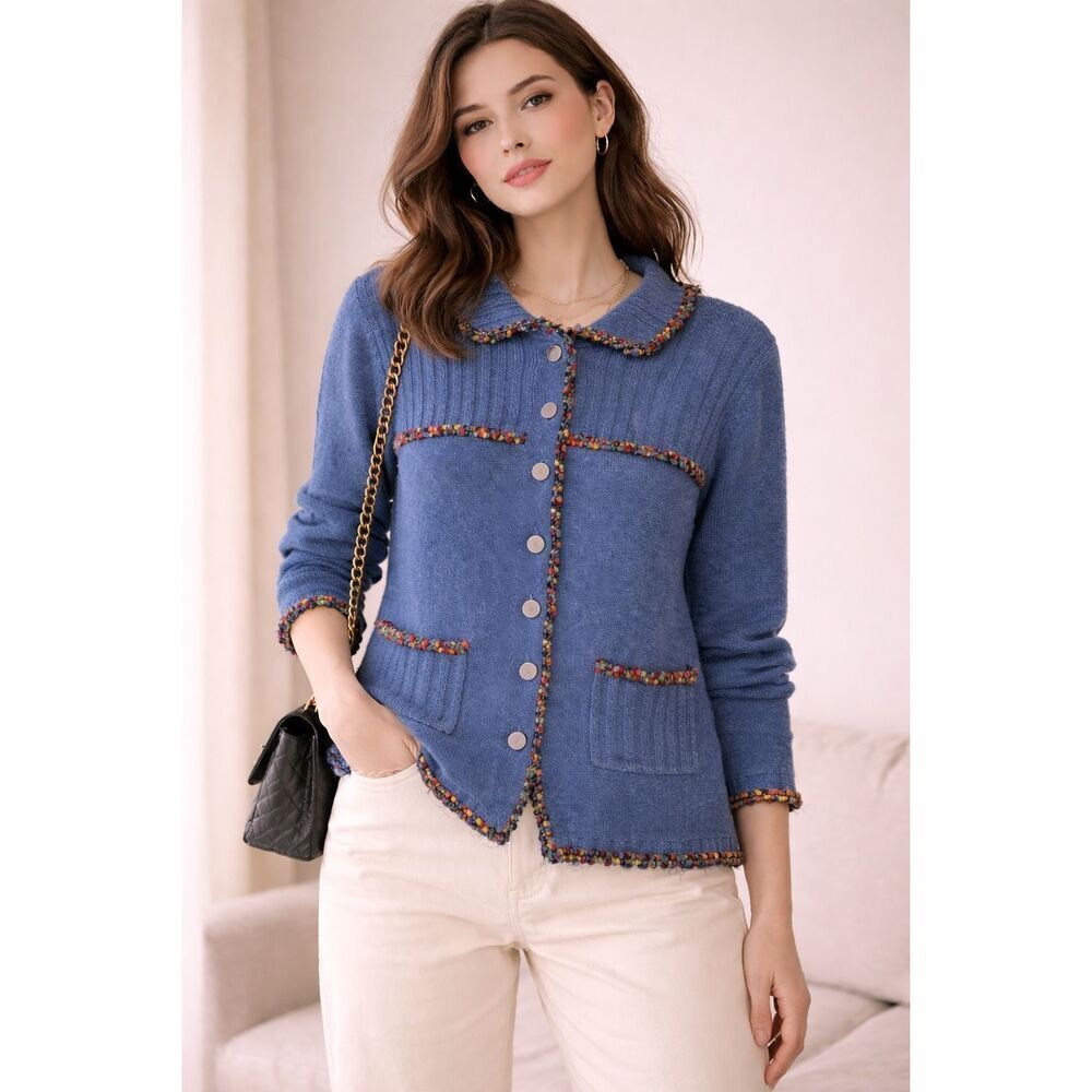 Vintage Breckenridge Blue Cardigan With Multicolored Textured Trim Size M